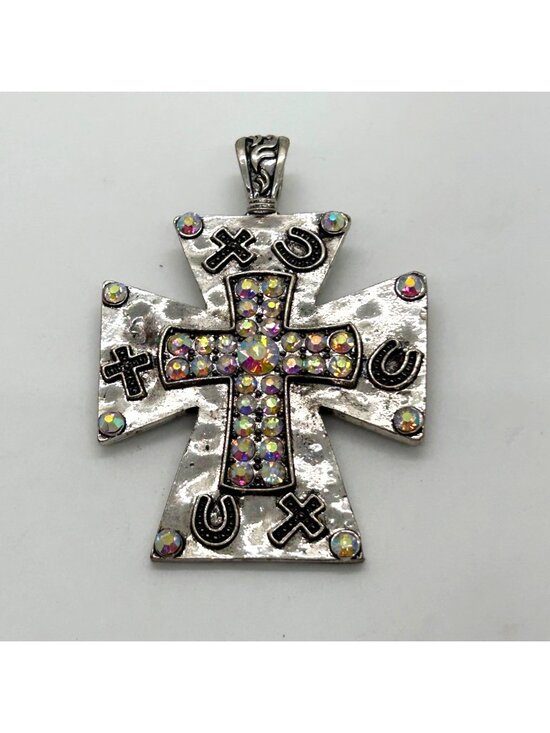 Estate Jewelry - Silvertone Cross Pendant Pearl Enhancer Arurora Borealis Horseshoe Southwestern